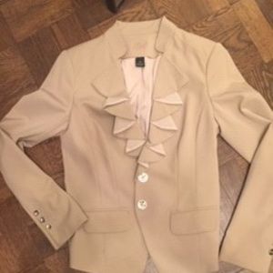 White House Black Market Tan Suit Ruffled Collar